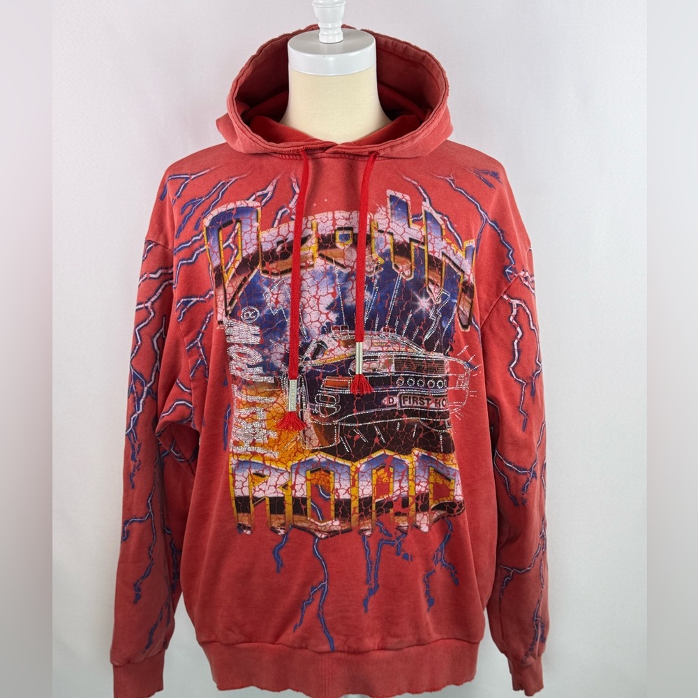 First Row Death Road Red Hoodie Rhinestone-Studded Graphics Mens XL